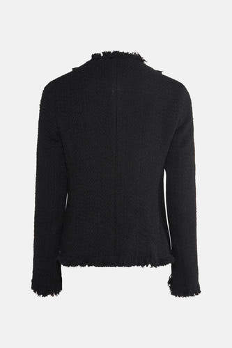 Blazer noir de MANGO, en tissu texturé et avec des bords froncés, vu de l'arrière.