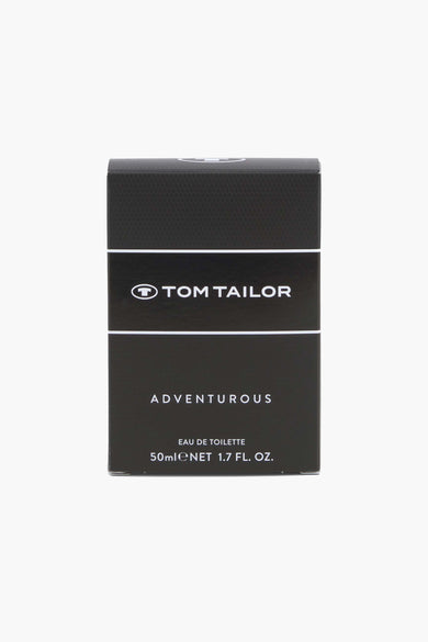 Parfum noir de Tom Tailor, dans une boîte avec le nom du marque et des informations sur le produit.