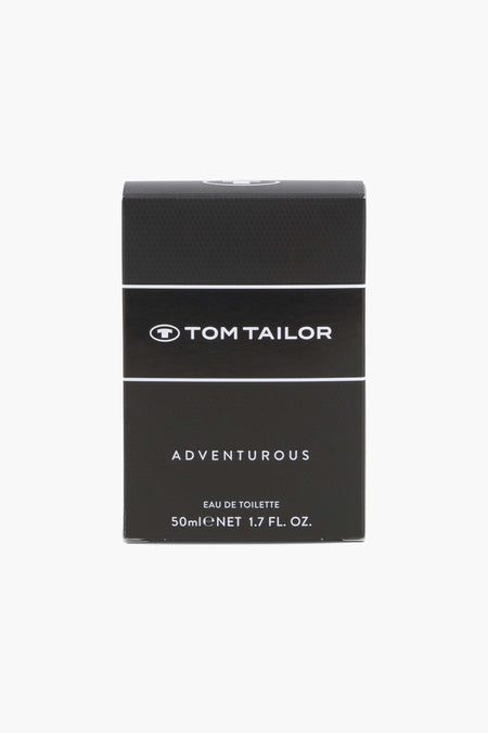 Parfum noir de Tom Tailor, dans une boîte avec le nom du marque et des informations sur le produit.