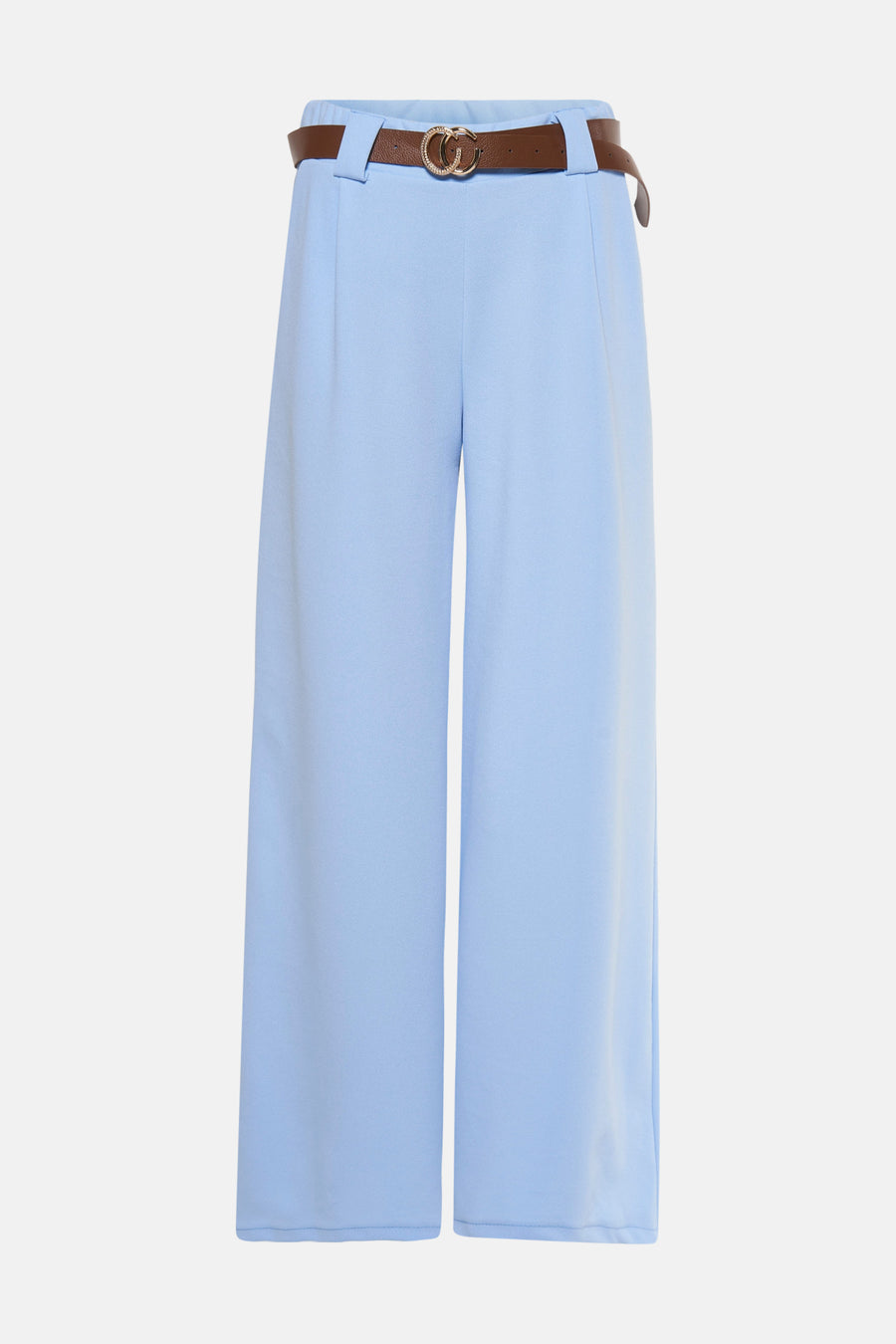 Blauwe broek van Terra di Siena, met een bruine riem met gouden gesp.
