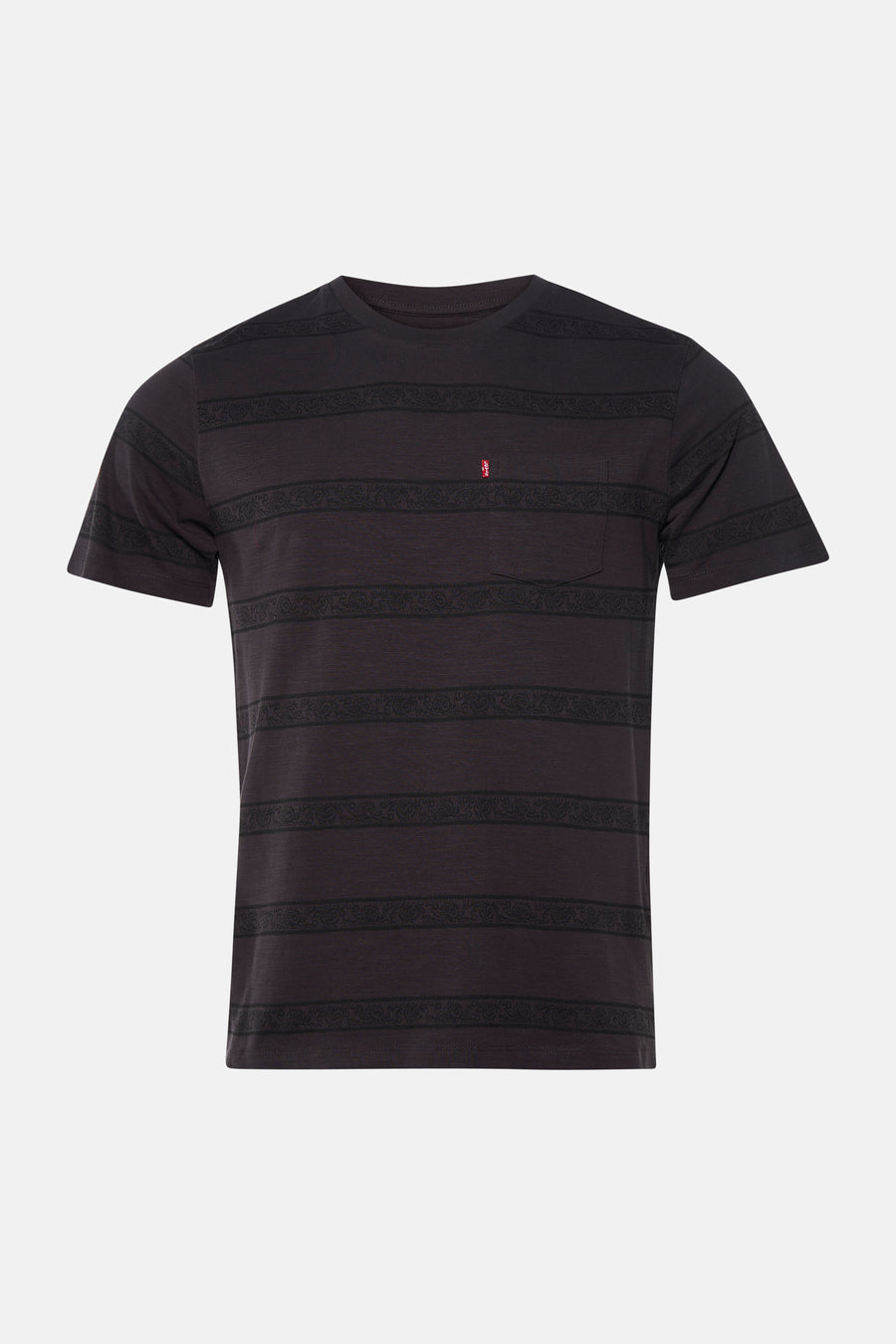 T-shirt noir à manches courtes de Levi's, rayé avec un motif tissé de type cachemire et une petite poche poitrine.