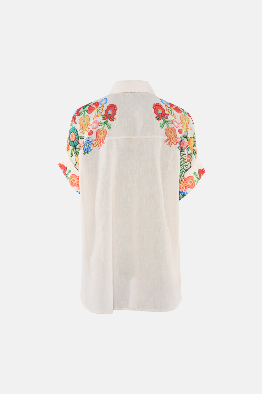 Chemise beige clair à manches courtes en lin de Terra di Siena, avec broderie florale colorée sur les épaules et les manches, dos.