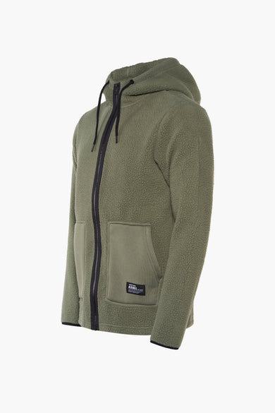 Fleece vert de REDEFINED REBEL avec capuchon, longues manches et fermeture éclair noire et détail de poche.