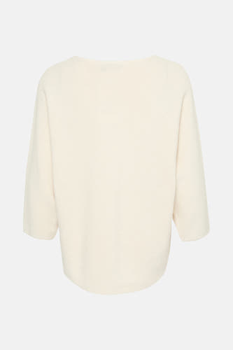 Pull écru avec col rond de France, avec structure côtière et manches trois-quarts, dos visible.