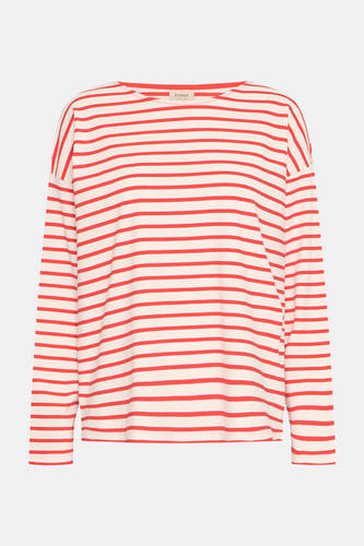 T-shirt rayé rouge et blanc à manches longues de France, avec un col rond.