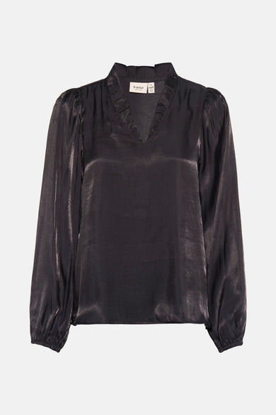 Blouse noire à longues manches de Fransa, avec un col en V et des manches plissées.