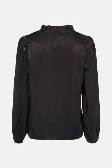 Blouse noire à longues manches de Fransa, avec un col plié et des manches ballon.