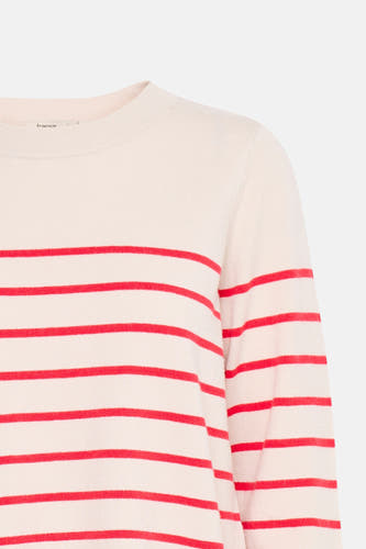 Pull rayé rouge avec col rond de France, gros plan sur le col et les manches.