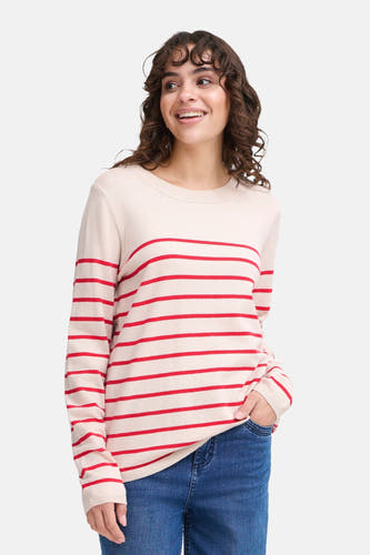 Pull rouge avec col rond de France, motif rayé, longues manches et une coupe décontractée.
