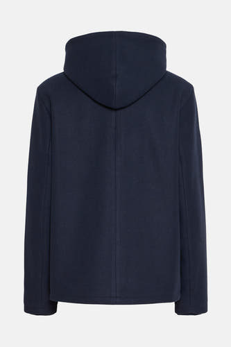 Manteau court bleu de France, avec capuche, vu par derrière.