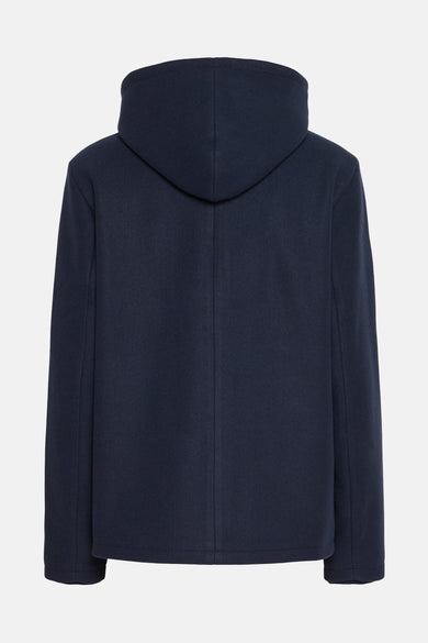 Manteau court bleu de France, avec capuche, vu par derrière.