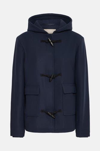 Manteau court bleu de France, avec capuche et fermeture à glissière noire sur l'avant.