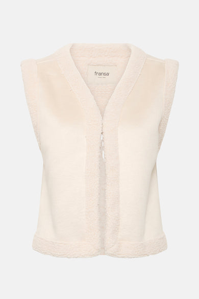 Gilet de corps beige de Fransa avec doublure en fourrure le long du col, des manches et du bas.