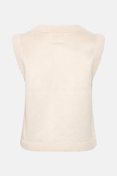 Beige bodywarmer van Fransa met teddy voering langs de kraag, mouwen en zoom.
