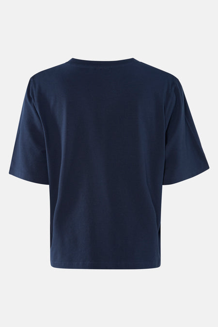 Donkerblauw T-shirt, achterkant.
