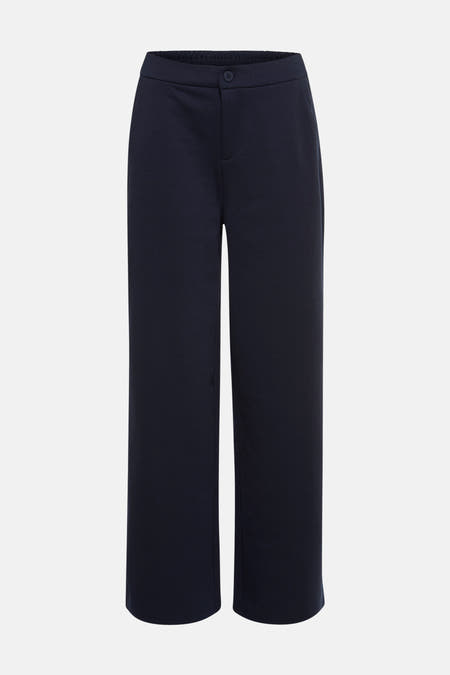 Pantalon de costume bleu de France, avec une ceinture élastique et une fermeture à un seul bouton.