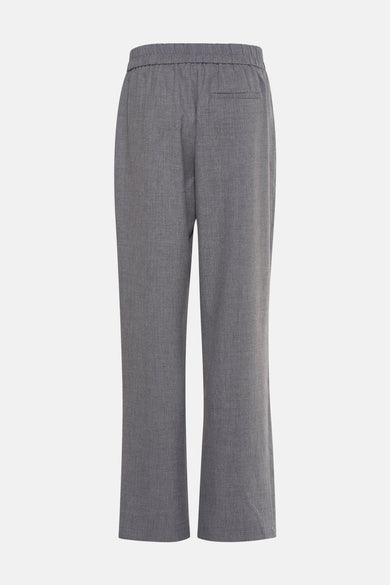 Pantalon gris de France avec une ceinture élastique et une poche arrière discrète.