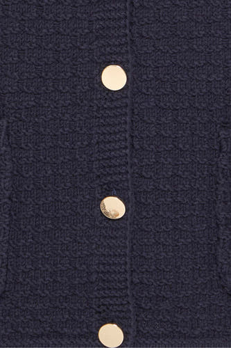 Gilet bleu de France, avec une surface texturée et des boutons dorés.