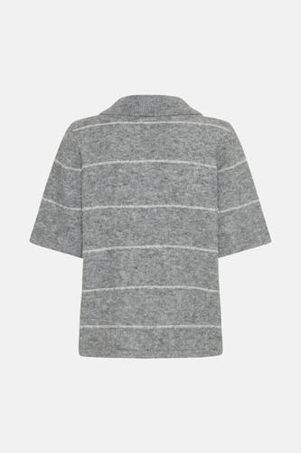 Sweat-shirt gris à col V de France, avec des manches courtes et des rayures horizontales.