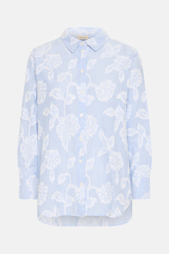 Chemise bleue rayée de France, avec des manches longues et un imprimé floral blanc.