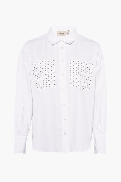 Chemise blanche à longues manches de France, gros plan sur la manche et le col.