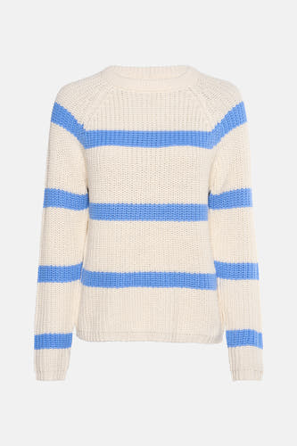 Pull-over bleu rond col en France, avec un motif rayé et des manches longues.