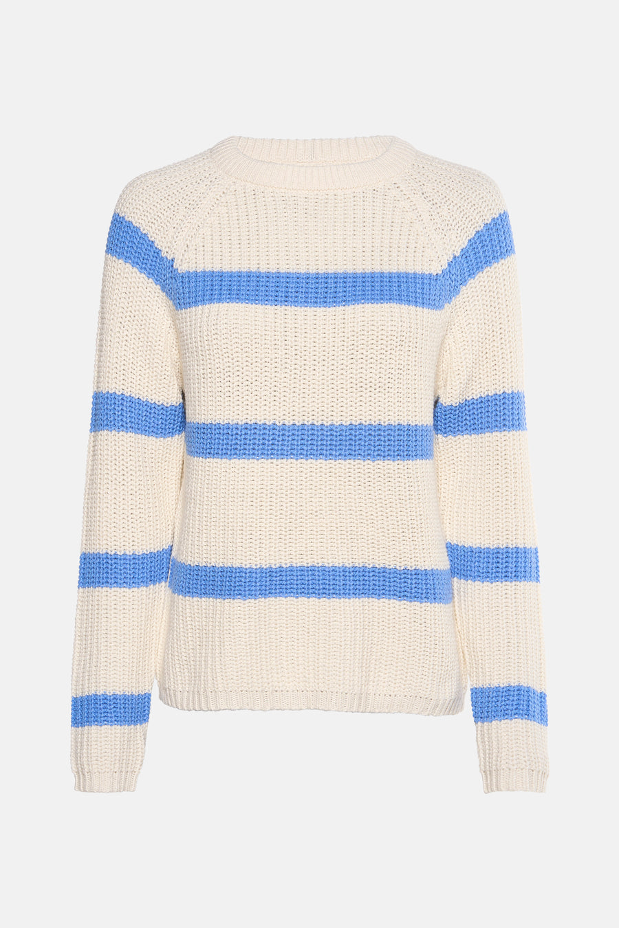 Pull-over bleu rond col en France, avec un motif rayé et des manches longues.