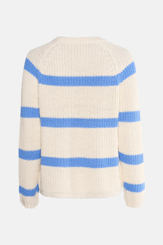 Blauwe ronde hals trui van Fransa, met gestreept patroon en lange mouwen.
