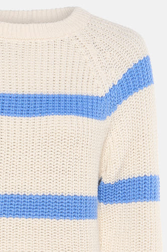 T-shirt bleu cardé avec col rond de France, à rayures blanches et bleues.