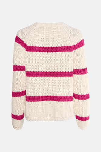 Roze trui met ronde hals van Fransa, met crèmekleurige en roze strepen.