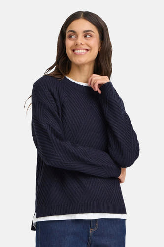 Sweat-shirt bleu marine avec col rond en France, à motif de carreaux et longues manches.