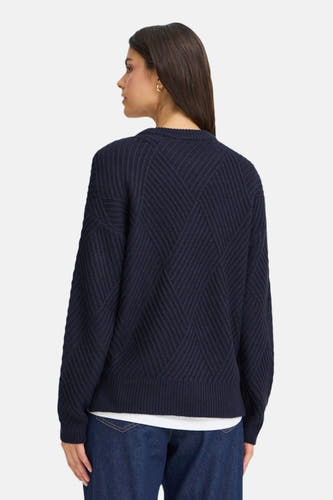 Donkerblauwe trui met ronde hals van Fransa, met ruitpatroon en lange mouwen.