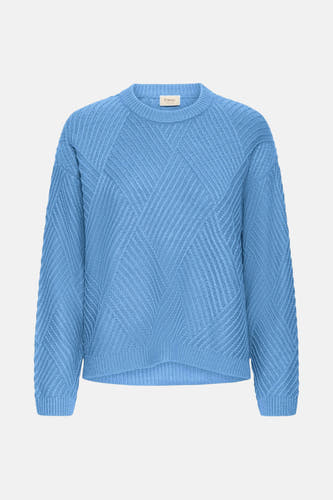 T-shirt bleu avec col rond de France, doté d'un motif unique côtelé diagonalement.