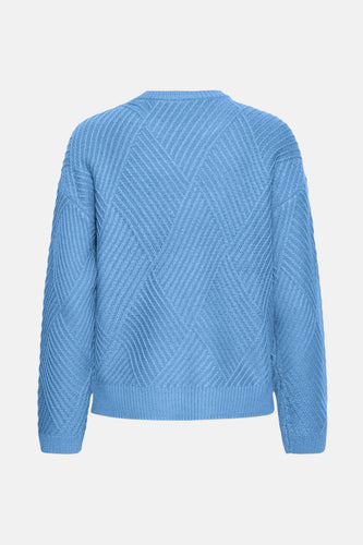 Blauwe, gebreide trui met lange mouwen.