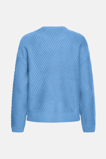 Blauwe, gebreide trui met lange mouwen.