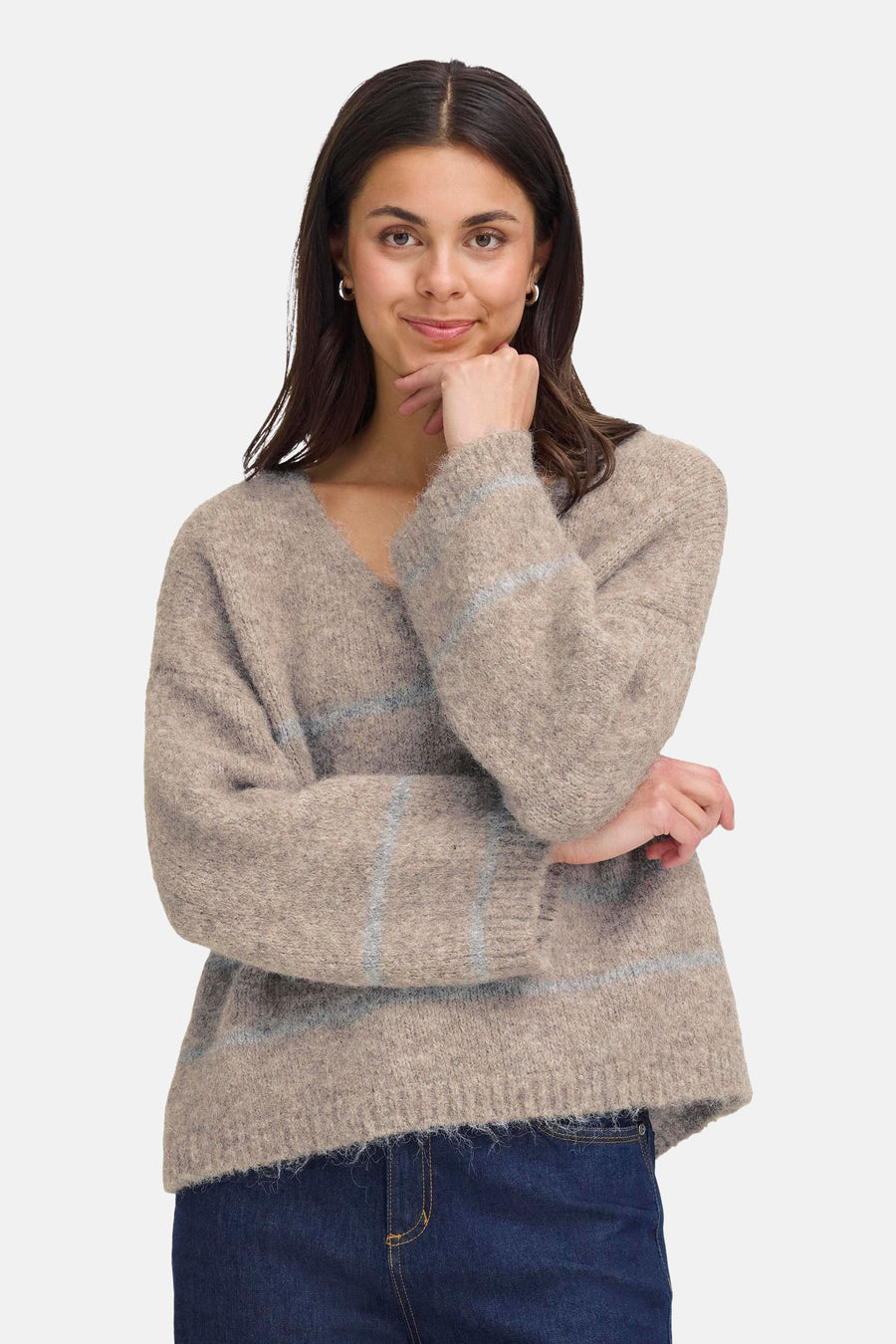 Pull à col en V - Beige - Fransa®