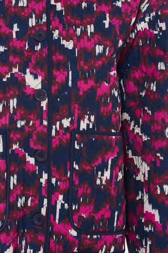 Manteau court multicolore de France, avec un motif abstrait, une fermeture à boutons et des poches brodées.