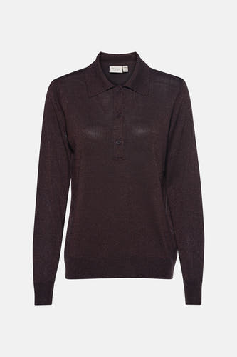 Pull marron avec col rond de France, à boutons et longues manches.