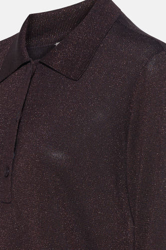 Pull marron avec col rond de France, avec des paillettes subtiles et un col en polo.