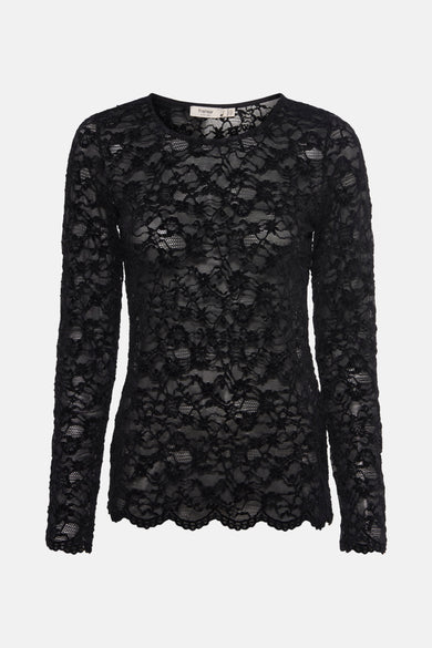 T-shirt noir de France, avec des manches longues et un motif en dentelle imprimé.