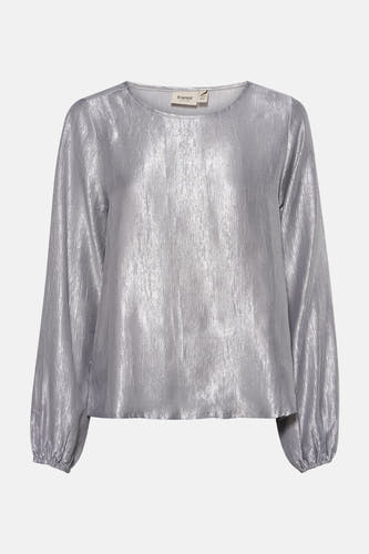 Blouse en argent avec longues manches de France, avec une texture brillante et des revers pliés, dos.