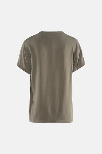 Kaki blouse met korte mouwen van Fransa, effen kleur met een subtiele textuur, gezien vanaf de achterkant.
