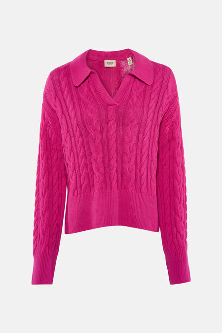 Gilets V-hals rose de la France avec motif côtelé et longues manches.