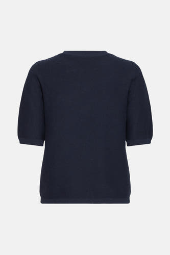 T-shirt bleu avec col rond en France, à manches courtes et en fine texture tricotée.
