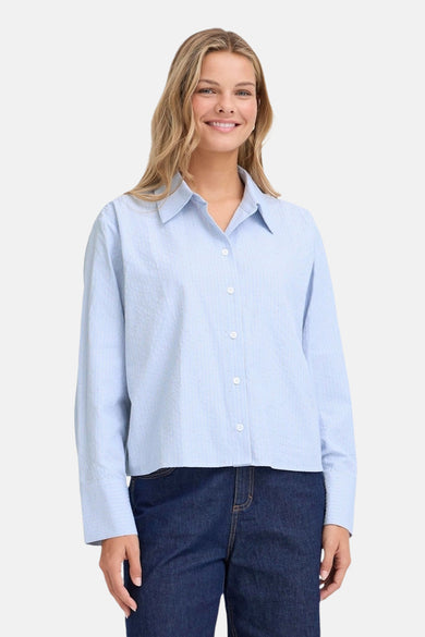 Chemise bleue à manches longues de France, avec col boutonné et portée avec un pantalon de travail bleu marine.