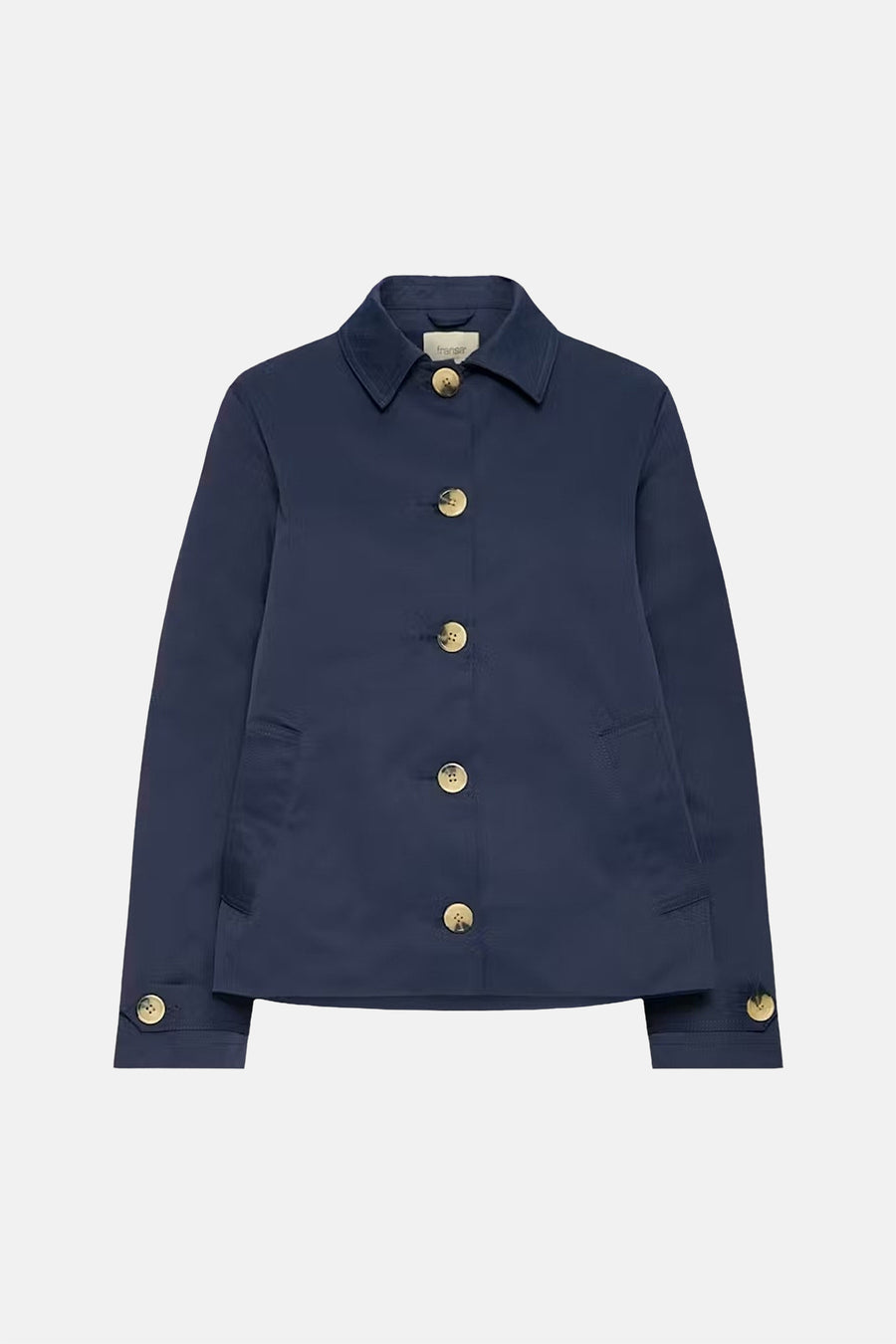 Veste courte bleue de Fransa, à manches longues, fermeture boutonnée et poches plaquées.