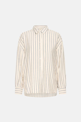 Chemise écru à manches longues de Fransa, avec des rayures verticales noires et beiges.
