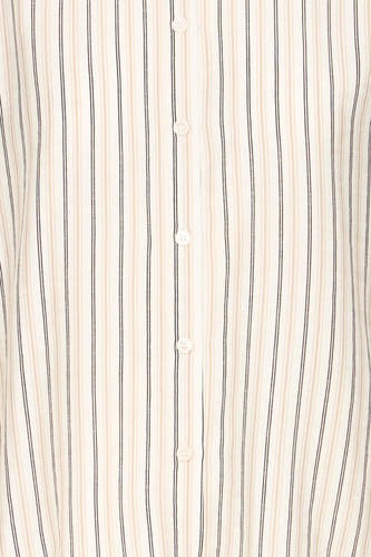 Chemise écru (manches longues) de Fransa, avec des rayures verticales beiges et gris foncé et une fermeture à boutons.