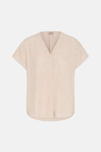 Chemisier beige à manches courtes de Fransa, avec un col en V et une texture lin légère.