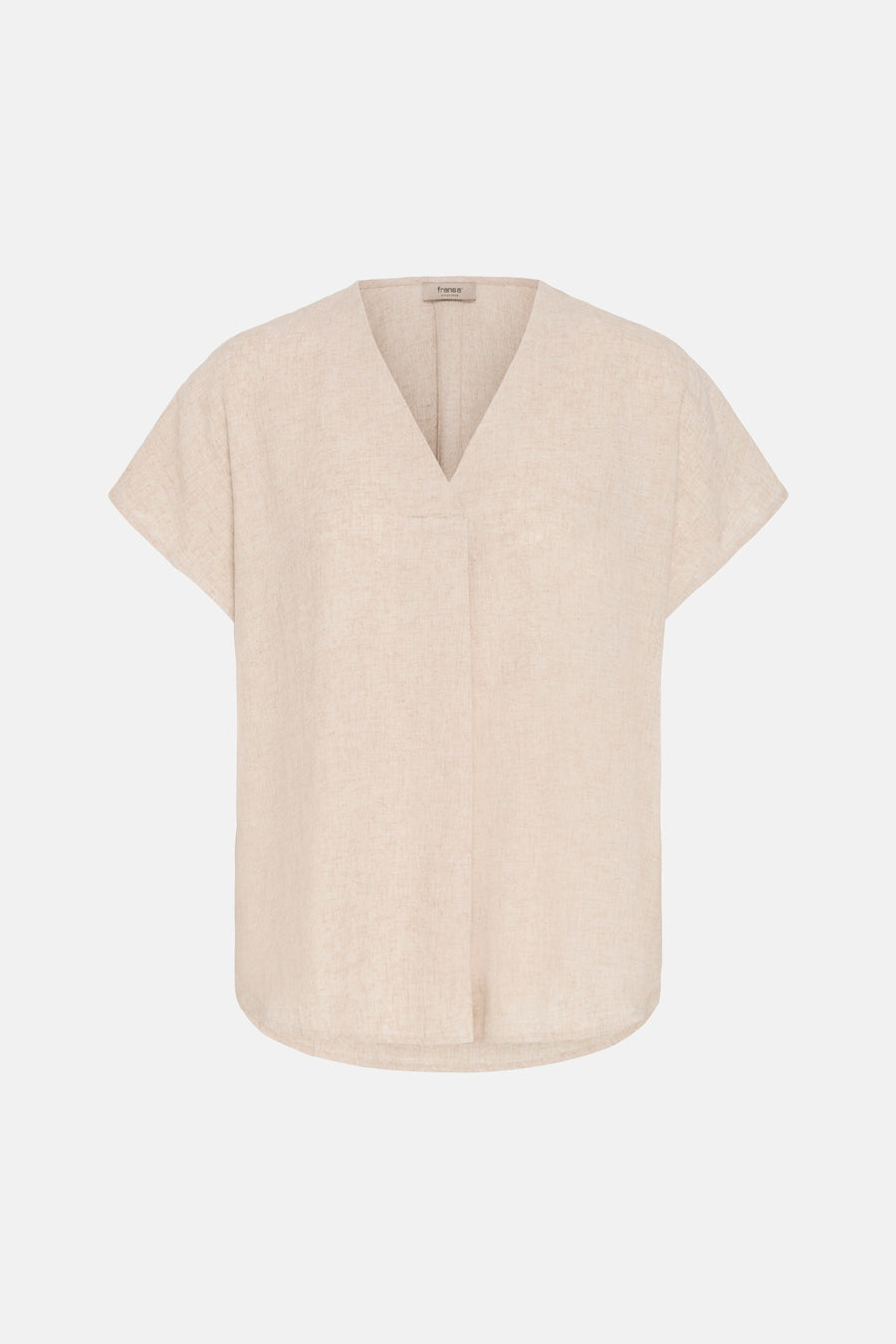 Chemisier beige à manches courtes de Fransa, avec un col en V et une texture lin légère.